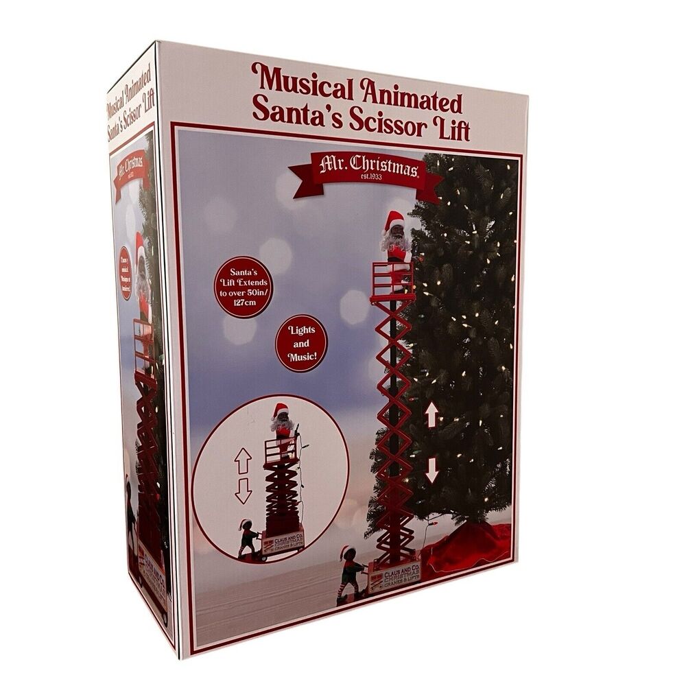 Mr. Christmas Lighted Animated Black Santa on Scissor Lift Holiday Lights Music